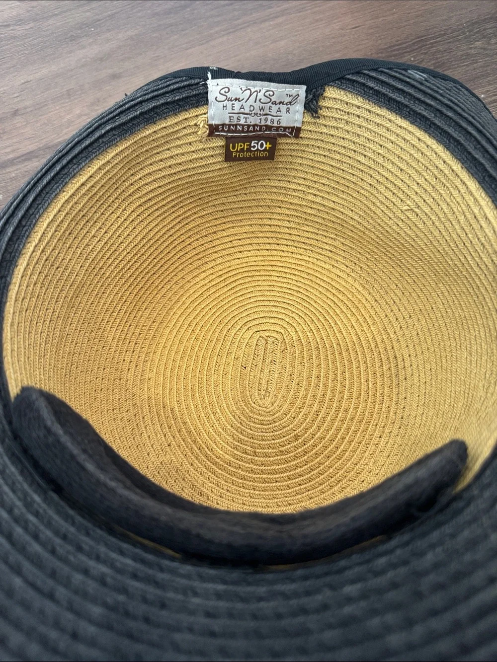 Wide Brim Straw Sun Hat with Black Brim and Tan Crown